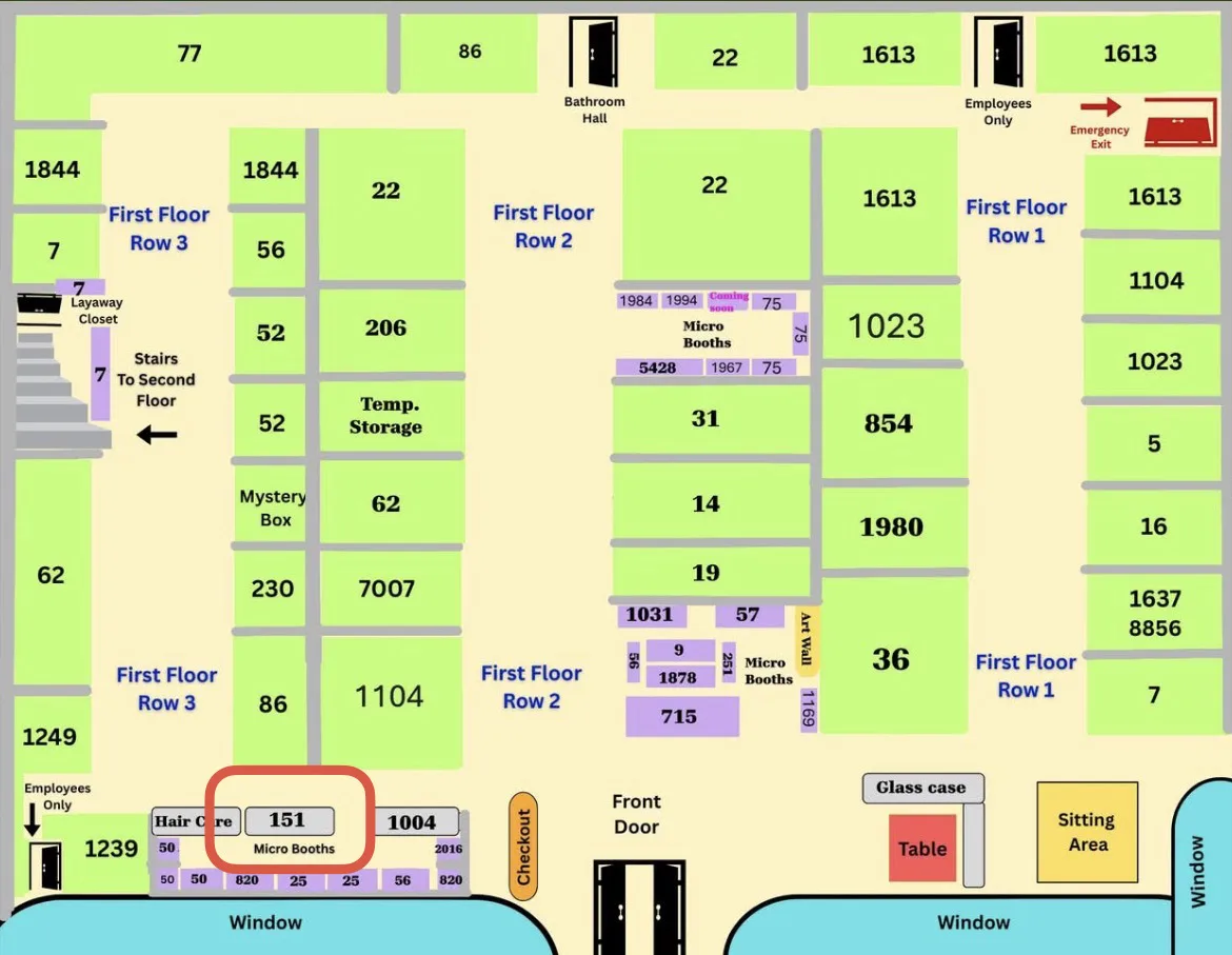 First-floor map of Treasure Cove Mall. Booth 151 is circled in red along the front wall, just left of the front door and the checkout counter.